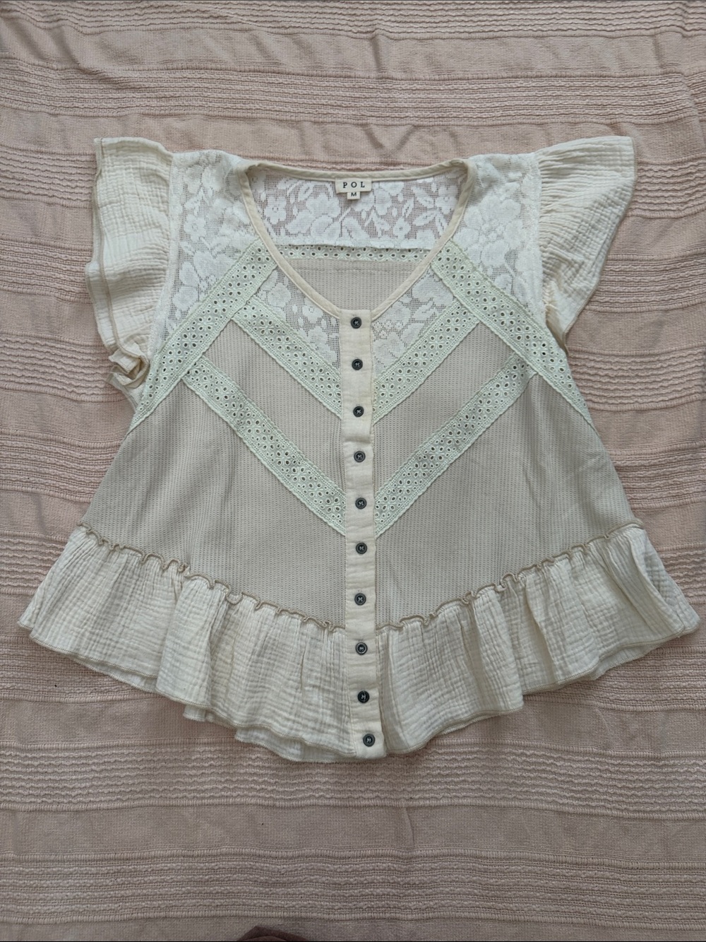 POL Cream Lace & Ruffle Button-Front Blouse - Picture 2 of 3